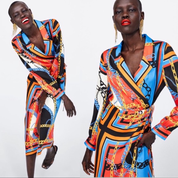 ZARA NWT BLOGGER FAVE Blue & Orange Chain Print Scarf Midi Shirt Dress Sz S - Picture 13 of 13